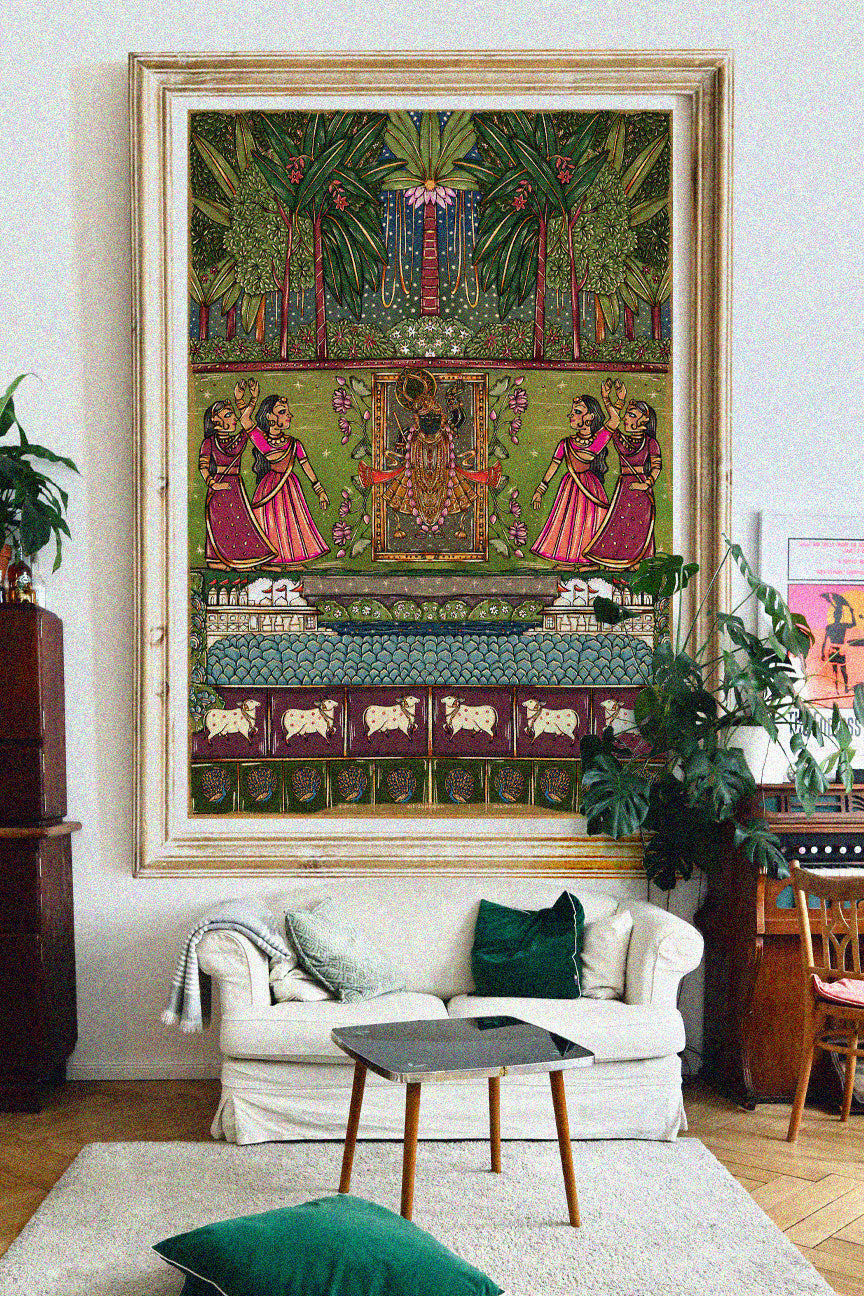 Pichhwai 2 - Srinathji with Dancing Gopis, set in the night sky.