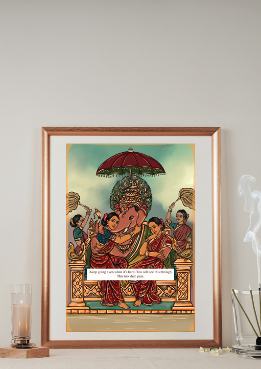 Ganesha with Riddhi and Siddhi: Msg: Keep going even when it's hard. You will see this through This too shall pass.